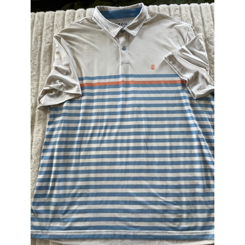 IZOD Men's Golf Polo Stretch White w/ Blue‎ and Orange Striped Short Sleeves 2XL